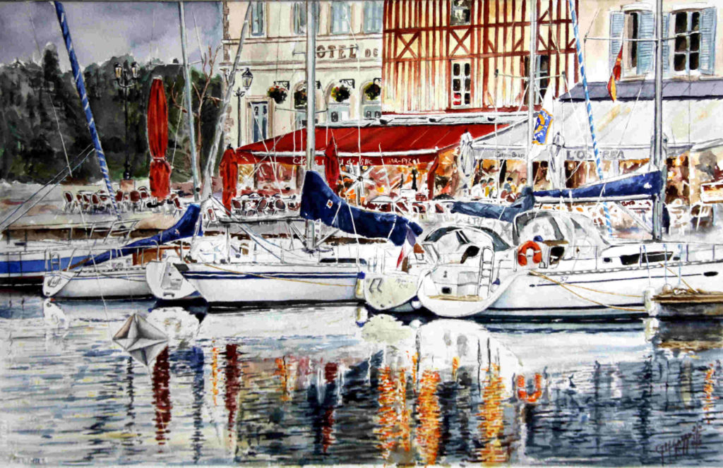 Quadri di barche - Honfleur - Ormeggi lungo Quai Saint Etienne - Acquarello puro su carta - 57 x 38 cm - Autore Giovanni Marco Sassu